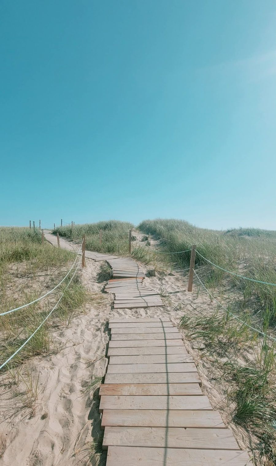 Sentier de bois dans les dunes sous un ciel bleu